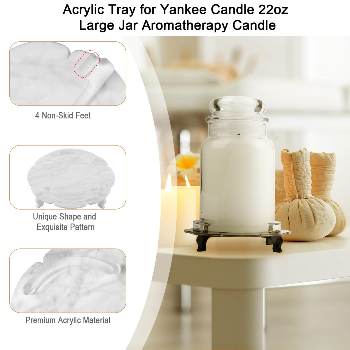 Beautyflier Marble Acrylic Candle Plate, Pedestal Stand for Yankee Candle Classic 22oz Jar, Holder Only (Black+White)