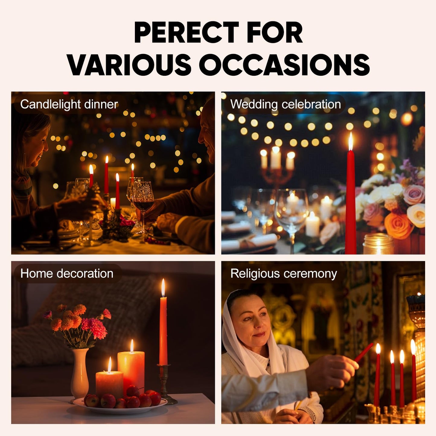 TONGKAE Taper Red Candles, Set of 4, Unscented, Smokeless, Dripless, 10 inches, Cotton Wick, 7-8 Hours Burn Time, for Dinner, Wedding, Party, Holiday, Religious Events, Home Decor