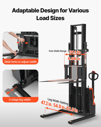 VEVOR Full Electric Pallet Stacker, 3300 lbs Capacity, 130'' Lifting Height, Pallet Lift Stacker Forklift with Straddle Legs & Forks, 8.66-31.1 Inches Adjustable Fork Width, Orange & Black