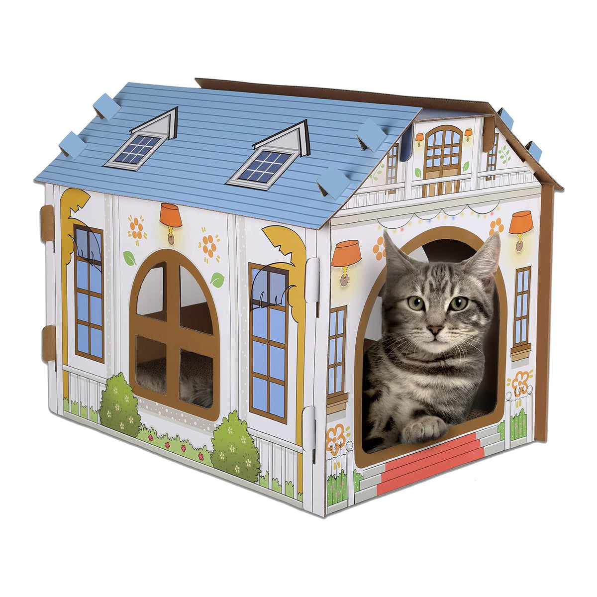 SEKAM Cardboard Cat House with Scratcher/Catnip (16.5''L x 12''W x 13''H), Play House for Indoor Cats， Cat Scratching Box & Hideaway Furniture, Hideout for Small Animals