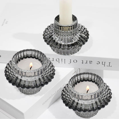 CHOCSTAY Reversible Candlestick Holders Set of 3, Gray Glass Taper and Tealight Candle Holders for Table Centerpiece, Wedding, Party, Home Decor