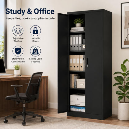 GarveeHome 71in Heavy-Duty Locking Steel Storage Cabinet, Double Doors, Four Adjustable Shelves, for Garage Pantry Office Workshop, Black
