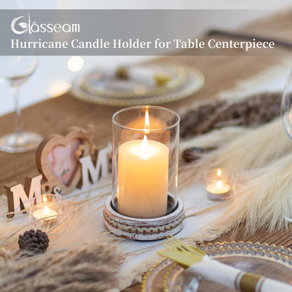 Glasseam Glass Hurricane Candle Holder, Decorative Candle Holders for Pillar Candles, Boho Candle Holders for Table Centerpiece, Glass Cylinder With Wood Beaded Candle Plate for Dining Room Decoration
