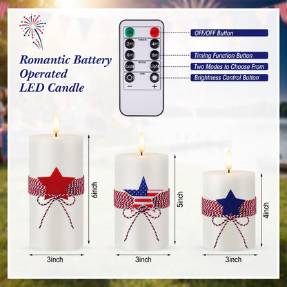 4th of July 4" 5" 6" Flameless Pillar Candles with Remote, Set of 3 Patriotic White Battery Operated LED Candle with Star Felt, Independence Day Decorations for Home Party Table Fireplace