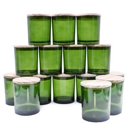 SHOWIN 10 OZ Thick Candle Jars for Making Candles 15 Pcs, Empty Jars with Wood Lids for Candle Making, Sample Container, Clear Green