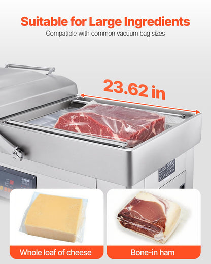 VEVOR Chamber Vacuum Sealer, 1200W Sealing Power, Vacuum Packing Machine for Wet Foods, Meats, Marinades and More, Compact Size with 23.62" Sealing Length, Applied in Home Kitchen and Commercial Use