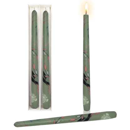 10 Inch Taper Candles Leaf Print Candle Sticks Handmade Set of 2 Unscented Long Candle Smokeless Tapered Candles for Meditation Wedding Spa(Green)