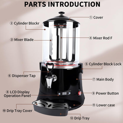 Commercial Hot Chocolate Machine & Beverage Dispenser, 10L Capacity, 110V Electric Warmer for Coffee, Hot Chocolate, Milk Tea, Black, Professional Grade for Cafes & Restaurants