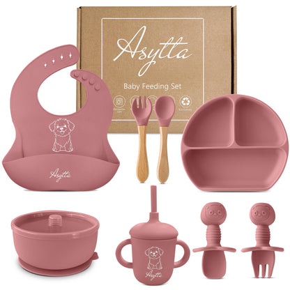 ASYTTA Silicone Baby Feeding Set – 6 Piece BPA-Free Baby Led Weaning Supplies – Toddler Eating Essentials with Baby Bib, Suction Plate, Suction Bowl, Sippy Cup, Forks, & Utensils | 6+ Months (Pink)