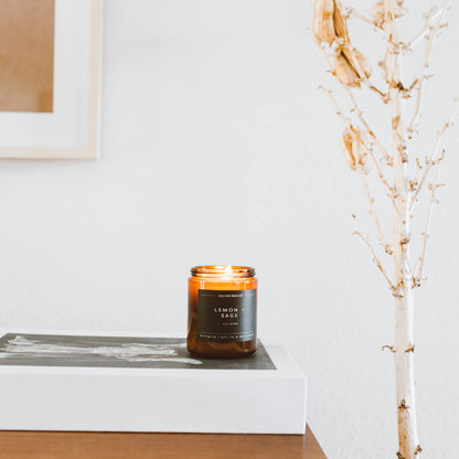 Calyan Wax Co. Lemon & Sage Scented Candle - 57 Hour Burn - Luxury Clean Soy Wax Candles - Long Lasting Amber Glass Jar Candle for Home - 7.2oz