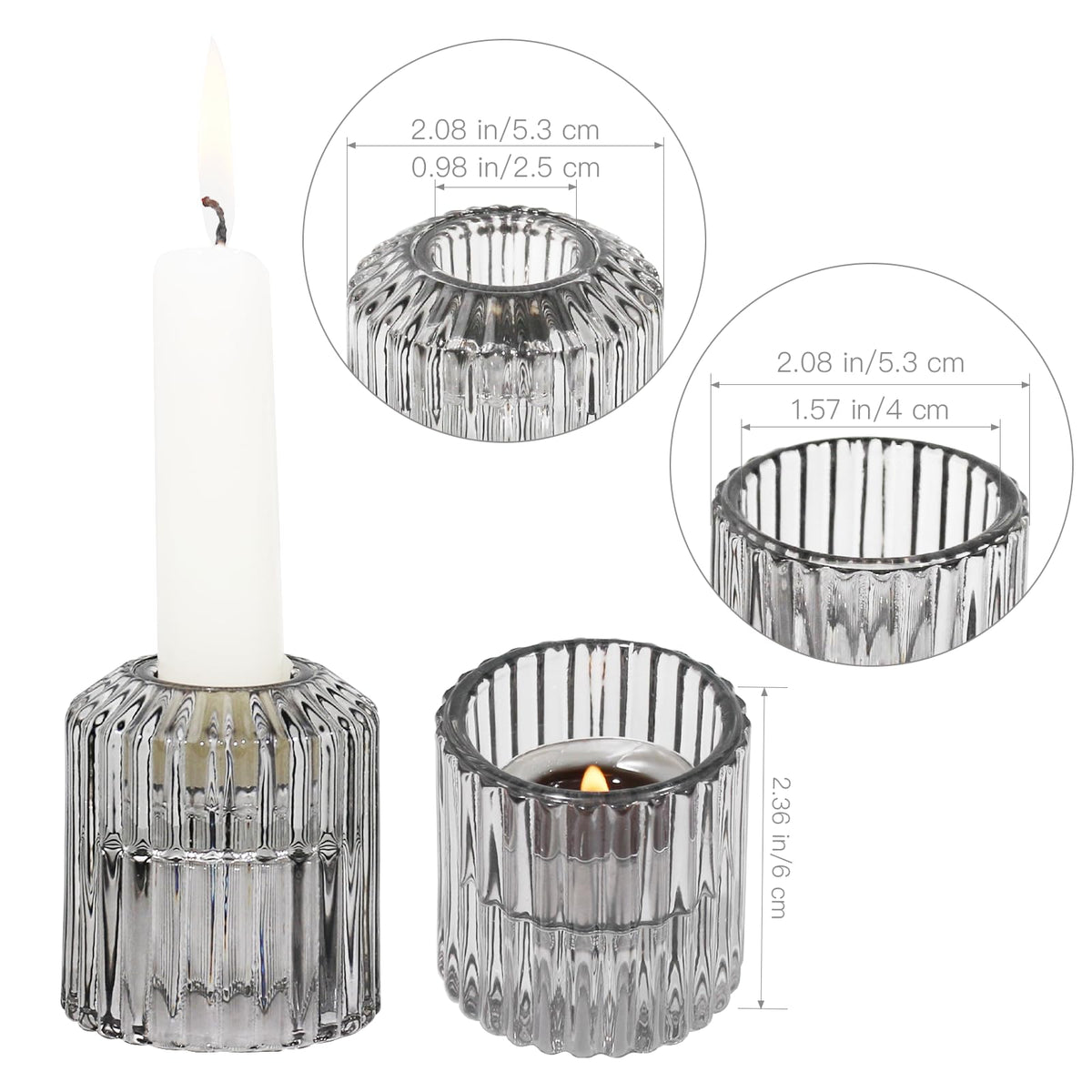 CHOCSTAY Reversible Gray Glass Candle Holder Set of 6, Thick Heat-Resistant Glass Candlestick Holders for Taper, Tealight, Votive, LED Candles, Perfect for Wedding, Party, Home Décor