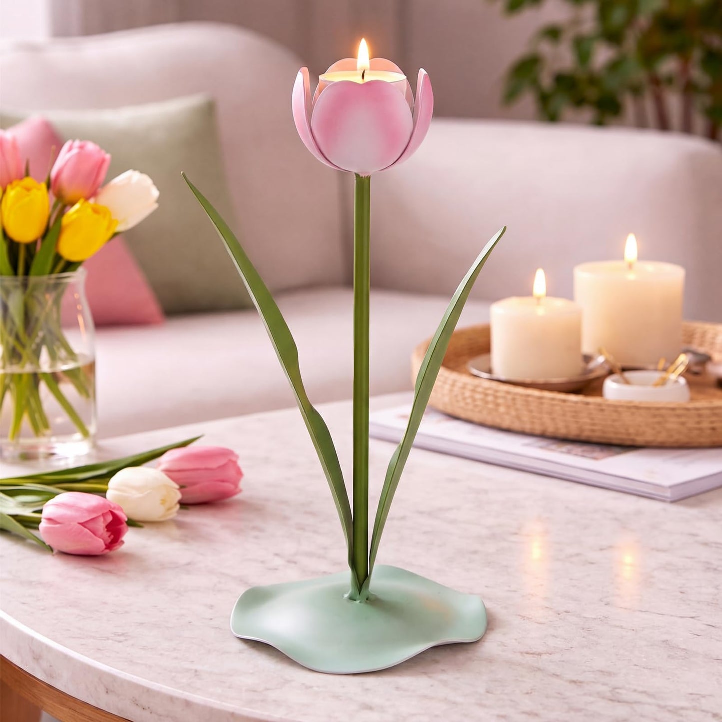 Remerry 9.4" x 3" Spring Tulips Candle Holders Spring Pink Flower Tealight Candle Stick Holder for Tealight Holder Table Centerpieces Wedding Holiday Tabletop Decor Anniversary Engagement Gift