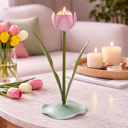 Remerry 9.4" x 3" Spring Tulips Candle Holders Spring Pink Flower Tealight Candle Stick Holder for Tealight Holder Table Centerpieces Wedding Holiday Tabletop Decor Anniversary Engagement Gift