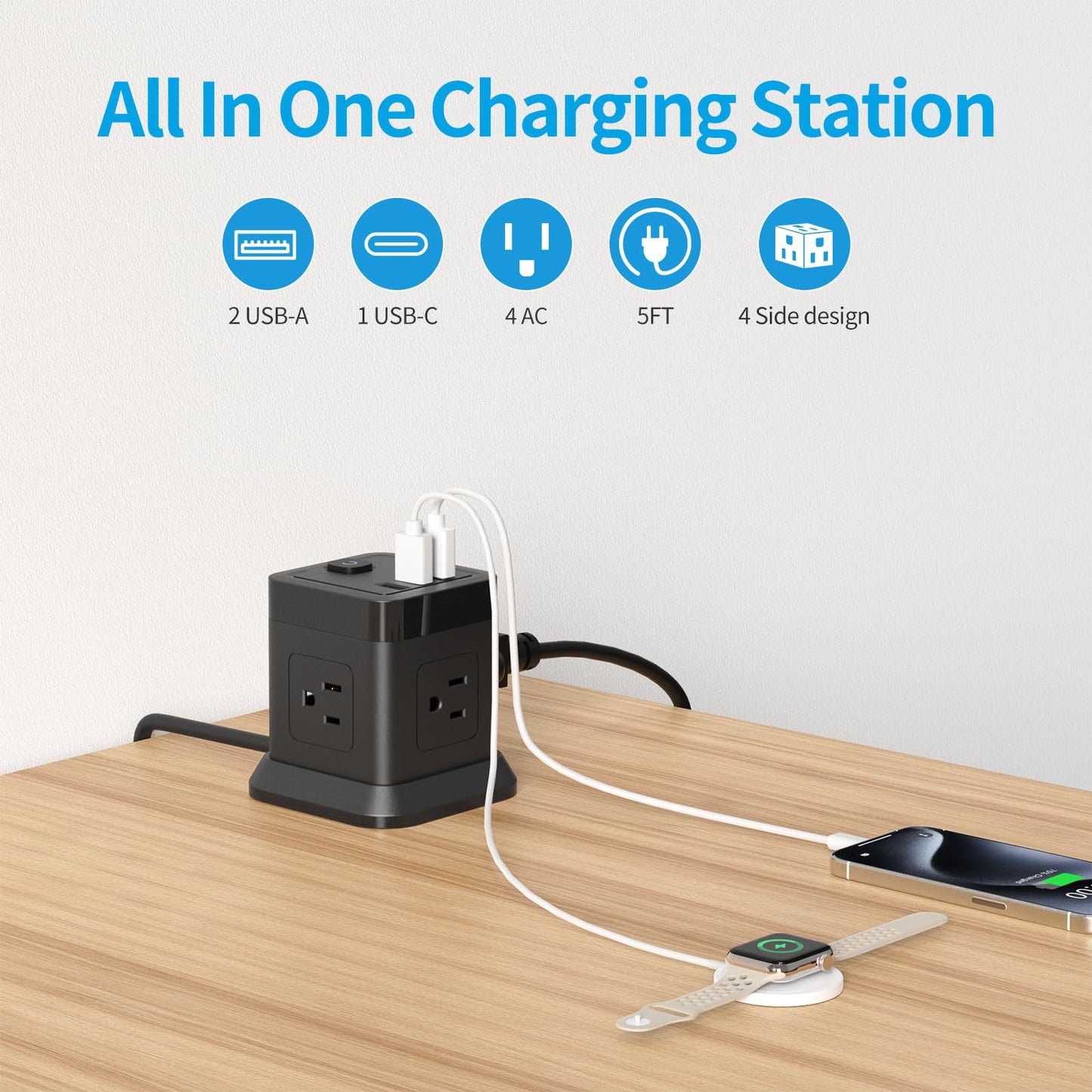 Power Strip with USB, FDTEK Flat Plug Extension Cord with 4 AC and 3 USB, 5 FT Power Cord Desktop Charging Station, Overload Protection, Compact Portable for Travel Home Office Cruise Ship - Black