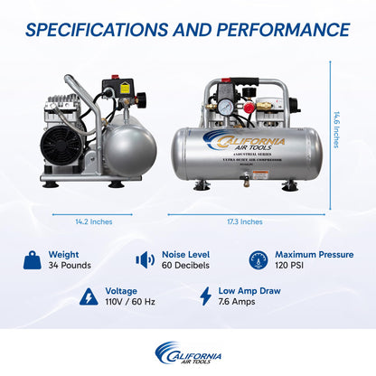 California Air Tools 2010ALFC 1.0 HP Ultra Quiet and Oil-Free Air Compressor, 2 Gallon Aluminum Tank, 60 dBA Noise Level, Industrial Series