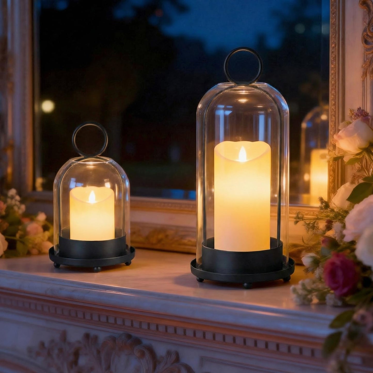 Fohil 5" & 4" Hurricane Glass Candle Holders, Set of 2 Metal Candle Holder with Handmade Sturdy Glass Dome, Candle Lantern for Pillar Candles, Plants, Table Centerpiece, Home Decor