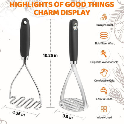 Potato Masher Set of 2 Pieces, 10.25-Inch Stainless Steel Wire Mashed Potato Masher, Kitchen Gourmet Making Tools Professional Integrated Honeycomb, For Vegetable, Fruit, Melon, Potato Etc, Black