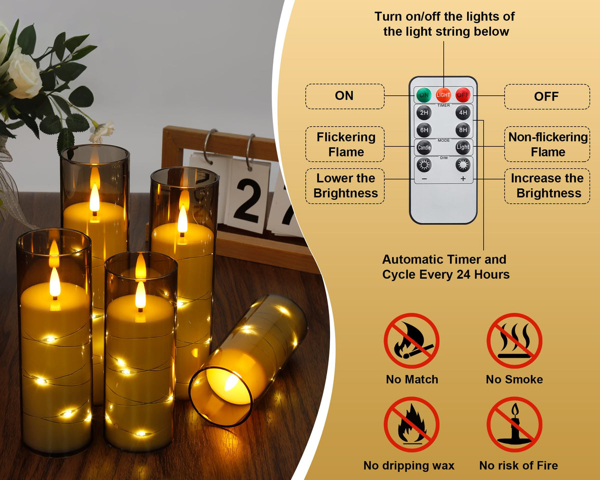 Enido Flameless LED Candles with Remote & Timer, Battery Operated Acrylic Pillar Set, 10 Pc Flickering Electric Lights with Embedded Star String for Cozy Home & Holiday Romantic Decor (Matte Grey)