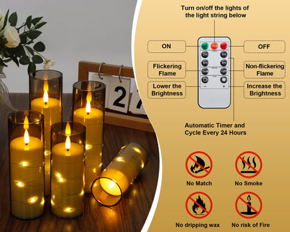Enido Flameless LED Candles with Remote & Timer, Battery Operated Acrylic Pillar Set, 10 Pc Flickering Electric Lights with Embedded Star String for Cozy Home & Holiday Romantic Decor (Matte Grey)