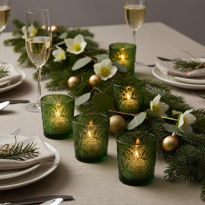 6 Pack Mandala Embossed Glass Candle Holders – Votive Tealight Holders with Patent Design, Decorative Embossed Glass Cups for Wedding Centerpieces, Parties, and Home Décor (Moss Green)