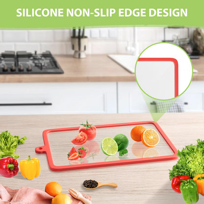Freshmage 2Pcs Tempered Glass Cutting Boards for Kitchen, Glass Cutting Board Set (10"x6" & 12"x8") with Non-Slip Silicone Edges and Hanging Hole, Clear Cutting Board for Countertop & Everyday Prep