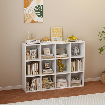 OSCHF 12-Cube Storage Shelf Bookcase - Wooden 3-Tier Floor Standing Open Bookshelf for Home and Office, Display Cabinet, Warm White