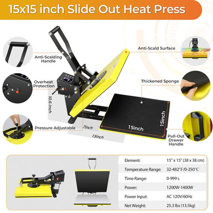 Whubefy Heat Press Machine 15x15 Slide Out, Digital Clamshell Heat Press Machine for T Shirts Printer, Heat Up Fast & Even, Sublimation Shirt Press Machine for Mouse Pad, Pillows, Coasters, Puzzles