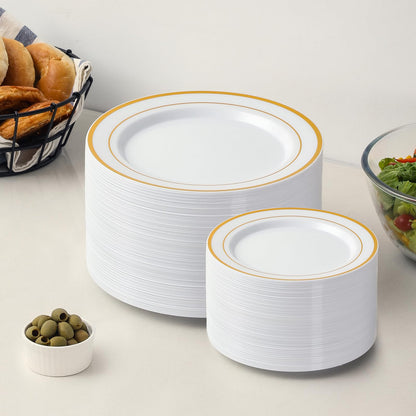 AOZITA 200 Pcs Gold Plastic Plates for Party, Heavy Duty Disposable Plastic Plates for Party, Holiday, Wedding, Thanksgiving and Birthday