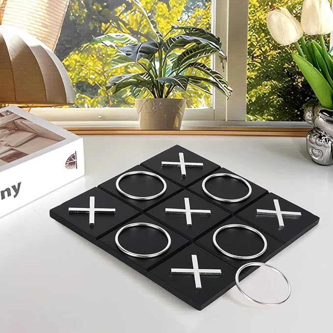 Tic Tac Toe Decor 10 x 10 Inch Wooden Black Wood Board with Gold/Silver X and O Pieces Modern Minimalist Coffee Table Decor for Living Room Office and Bookshelf Display (Silver)