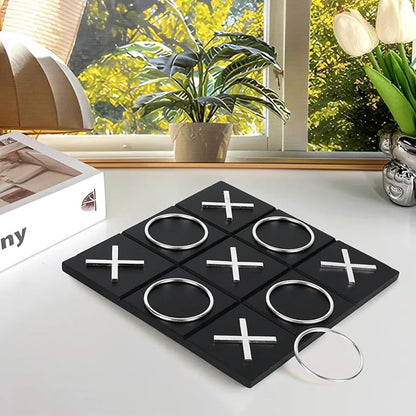 Tic Tac Toe Decor 10 x 10 Inch Wooden Black Wood Board with Gold/Silver X and O Pieces Modern Minimalist Coffee Table Decor for Living Room Office and Bookshelf Display (Silver)