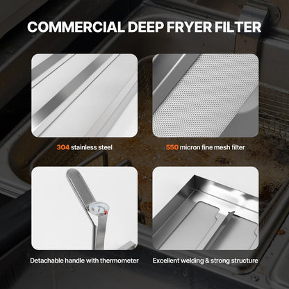 KodMtiz Commercial TK45 Deep Fryer Filter, 13.5" x 13.5" 304 Stainless Steel Filter Screen with Thermometer, Extend Oil Life by 40%, 550 Micron Skimmer Fryer Strainer for Kitchens & Restaurants