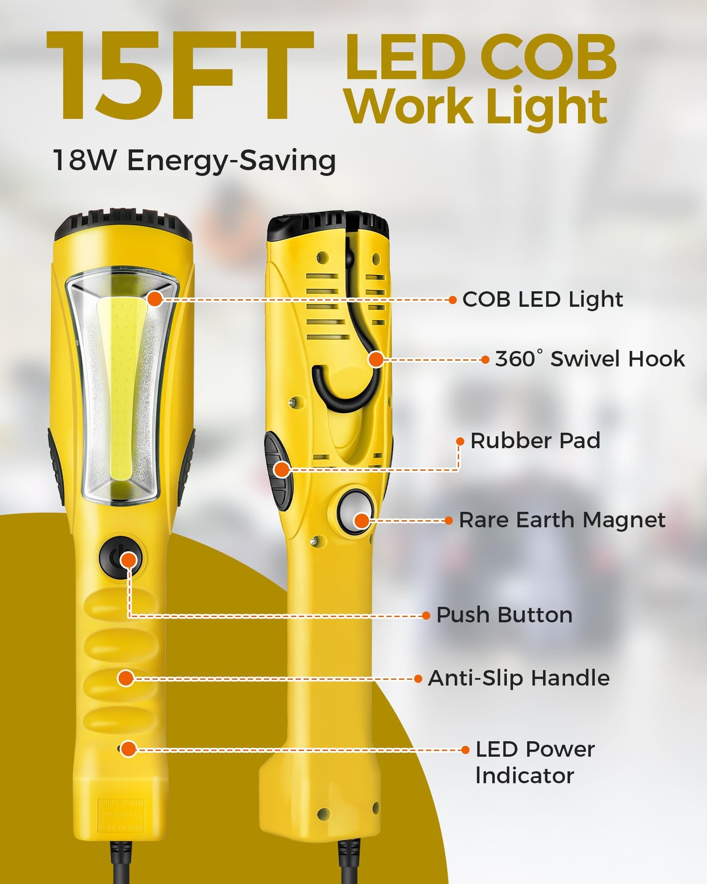 WILAWELS 50 FT 14AWG/3C SJTOW Retractable Extension Cord Reel and 18W 2000LM 15FT LED Work Light Bundle, for Garage, Workshop, Car Repair Scene Y50CR06- Y03WL06