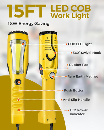 WILAWELS 50 FT 14AWG/3C SJTOW Retractable Extension Cord Reel and 18W 2000LM 15FT LED Work Light Bundle, for Garage, Workshop, Car Repair Scene Y50CR06- Y03WL06