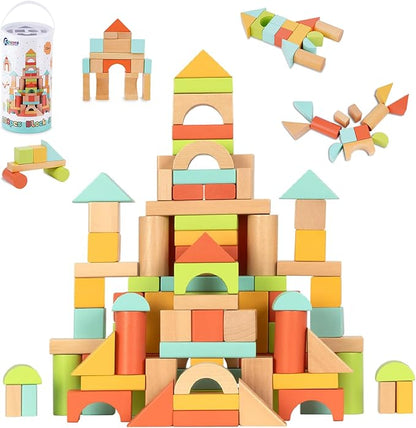 FCSONU Wooden Building Blocks for Toddlers 1-3 100 Pcs Wood Blocks Set - Sorting &amp Stacking Toys with Storage and Lid Kid Montessori Toys Ages 2+ Christmas 1st Birthday Gifts for Boys Girls Bab