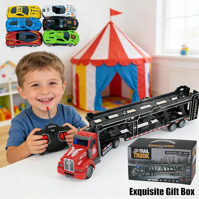 Remote Control Car Transporter Truck Includes 6 Cars 14 1:48 Car Transporter Semi Truck Toy Equipped with 2 Rechargeable Batteries Gifts Ideas for Boys Age 3-8 Year Old