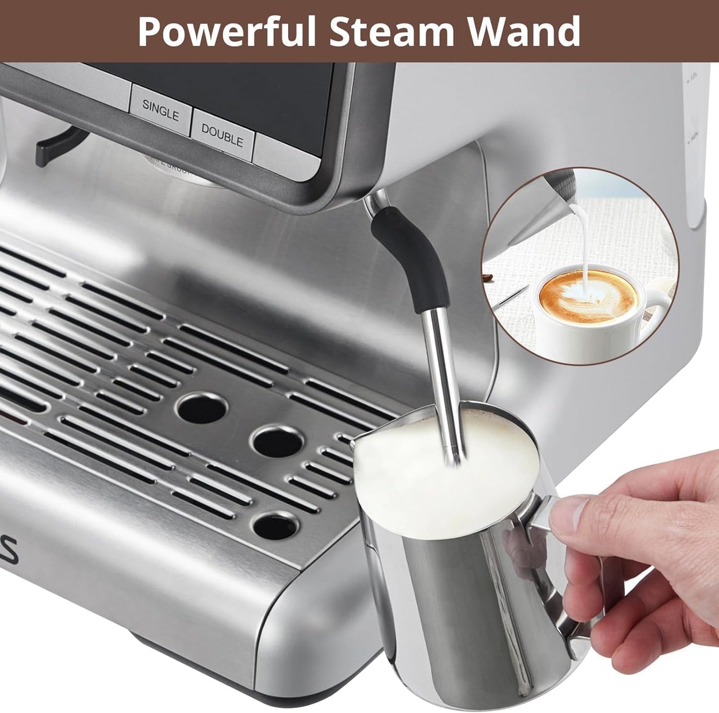 Takywep Semi-Automatic Espresso Machine - 1450W/20 Bar, 30 Grinder Settings, Fast Heating, Milk Frother Steam Wand, Home & Hotel Use, Silver