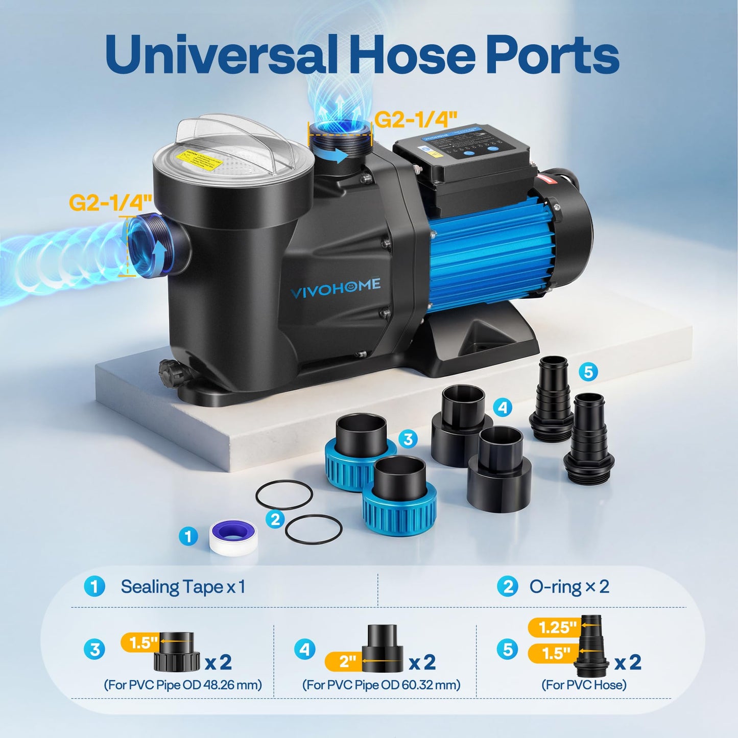 VIVOHOME Self Primming in/Above Ground Swimming Pool Pump w 1.25'' & 1.5" & 2.0'' Unions Energy Saving w/Strainer Baske, 7140 GPH