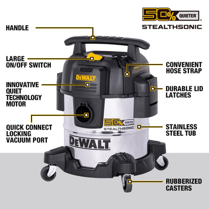 DEWALT 5 Gallon 4 HP STEALTHSONIC Shop Vacuum Wet and Dry DXV05S-QTB with 6 Dust Bags Ultra Quiet Stainless Steel Wet/Dry Vacuum Cleaner with Powerful Suction for Garage, Jobsite, and Workshop