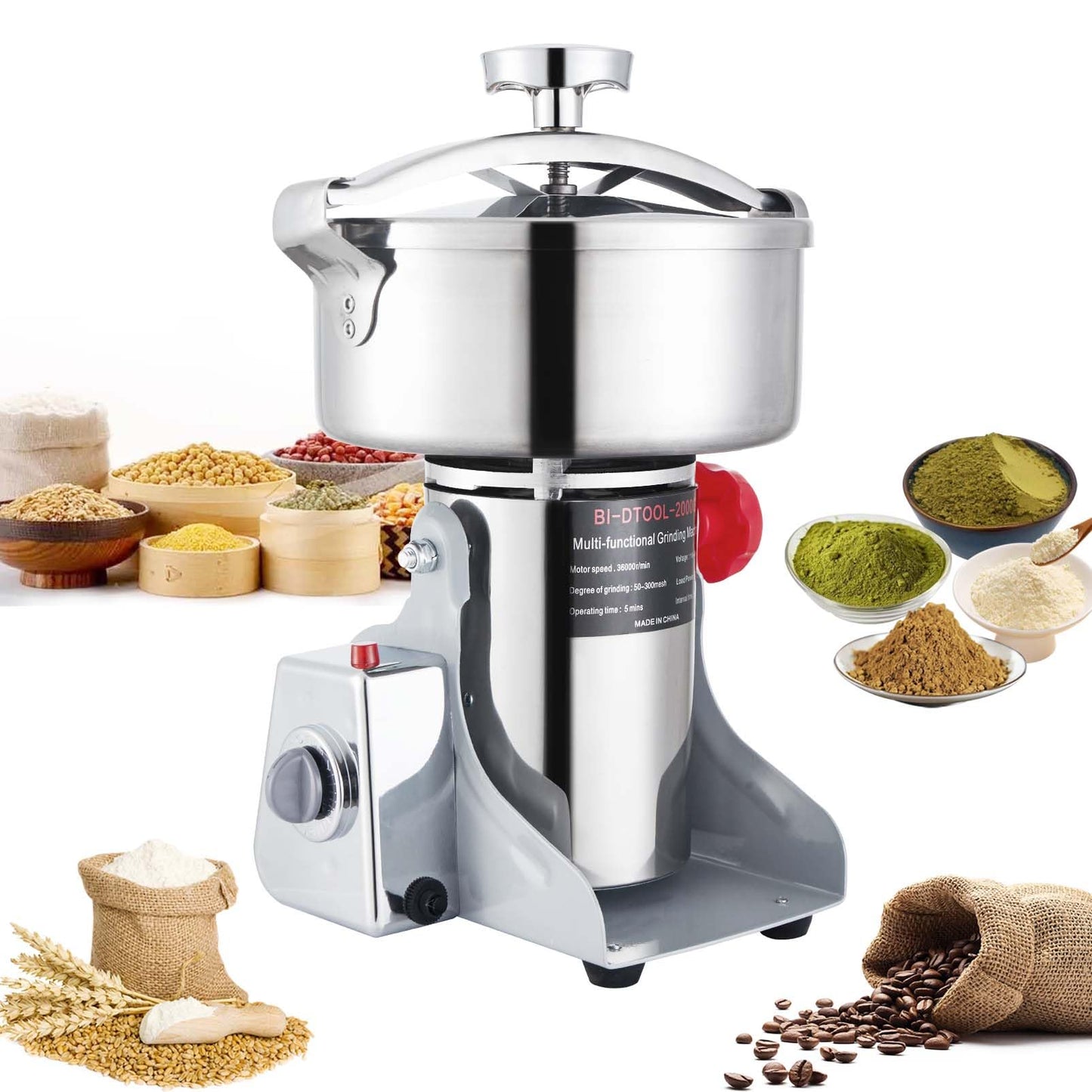 BI-DTOOL Electric Grain Mill Grinder 3600W Dry Material Grinding Machine 2000g Stainless Steel Pulverizer 36000r/min High-speed Grain Mill 270° swingable Superfine powder for Home and Commercial 2000g