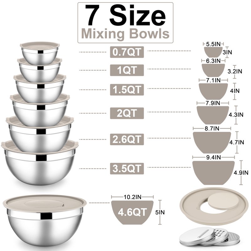 E-far Mixing Bowls with Lids Set, 7-Piece Stainless Steel Metal Mixing Bowls with Grater Attachments, Size 4.6, 3.5, 2.6, 2, 1.5, 1, 0.7QT, Nesting Design & Khaki Airtight Lids, For Cooking/Serving