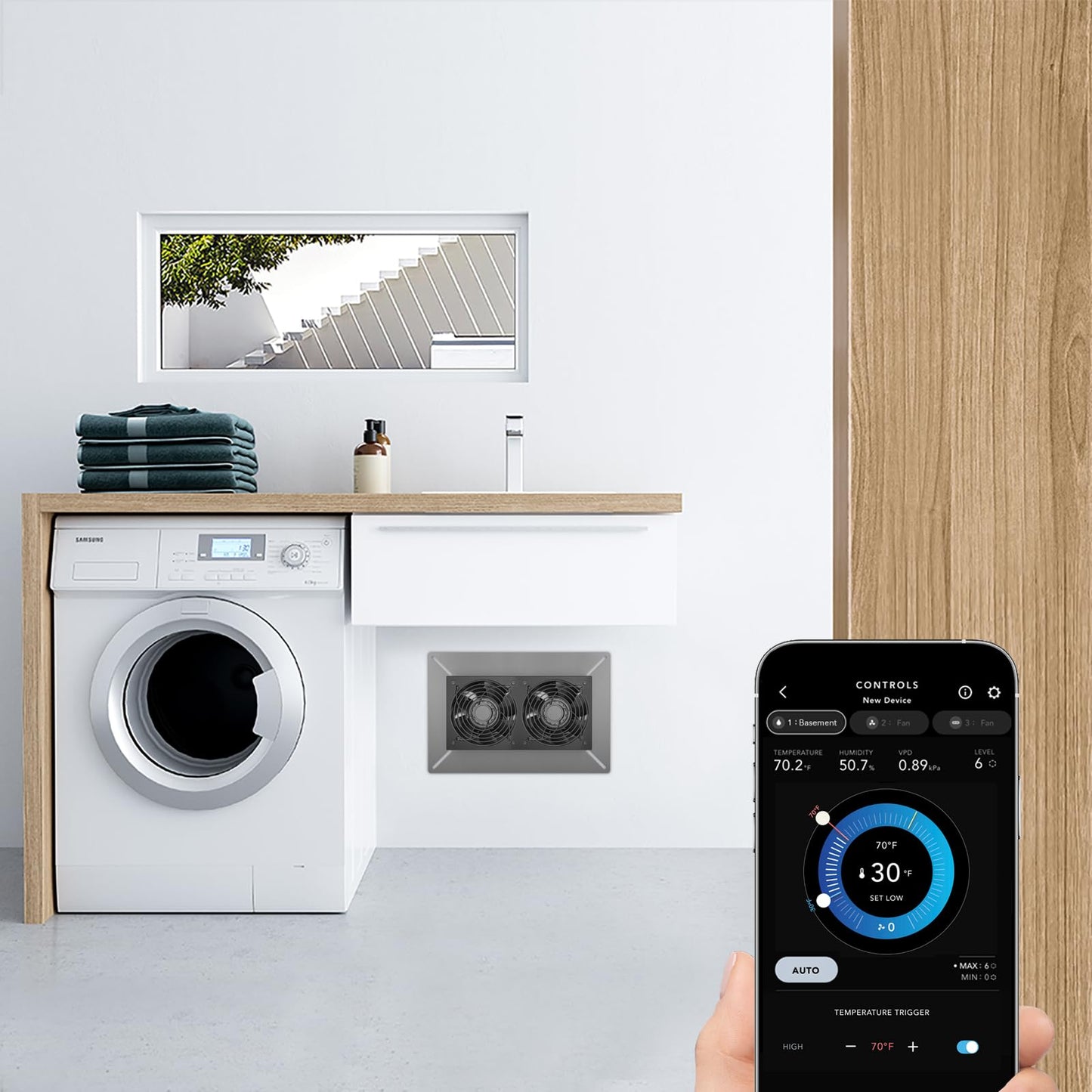 AC Infinity AIRTITAN T7, Ventilation Exhaust Fan 12" with WiFi Temperature Humidity Controller, EC Motor for Crawl Spaces, Basements, and Garages