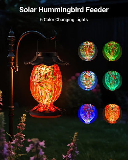 HouseSapp Solar Hummingbird Feeder - 49 Fl. Oz Color Changing Hand Blown Glass - 7 Feeding Ports & Perch