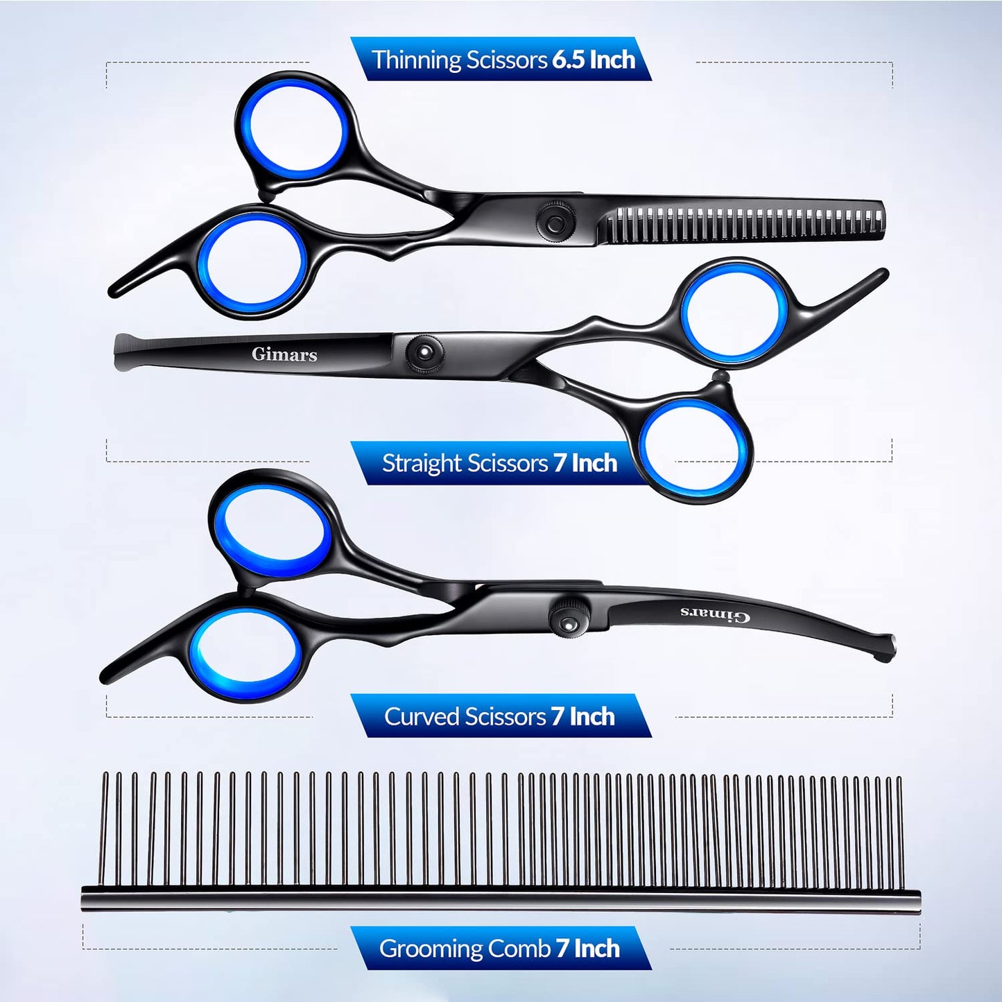 Gimars Dog Grooming Scissors Kit Professional 4CR with Safety Round Tip, 5 in 1 Heavy Duty Titanium Coated Thinning & Curved & Straight Shears