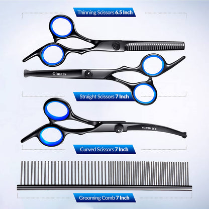 Gimars Dog Grooming Scissors Kit Professional 4CR with Safety Round Tip, 5 in 1 Heavy Duty Titanium Coated Thinning & Curved & Straight Shears