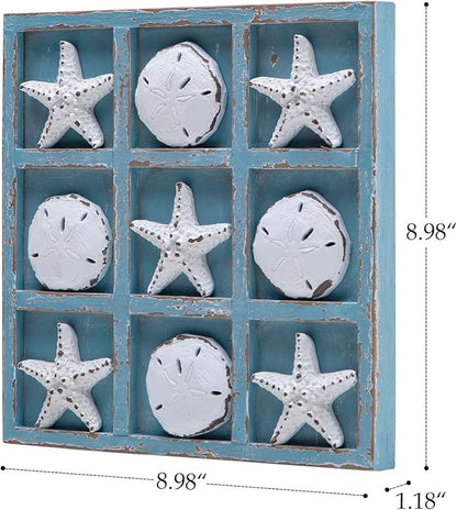 NIKKY HOME Beach Decor Tic Tac Toe Wood Board Travel Game for Family Starfish Sand Dollar Coastal House Coffee Tables Decor 8.98 by 8.98-in Rustic Blue