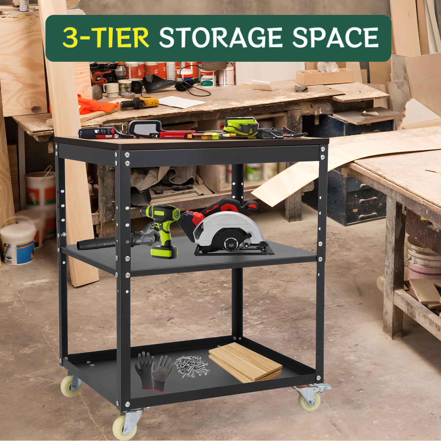 Planer Stand,Rolling Adjustable Planer Table, Heavy Duty Steel Workbench for Miter Saw, Table Saw, and Benchtop Power Tools, 500 lbs Capacity 3-Tier Tool Storage for Workshop & Garage