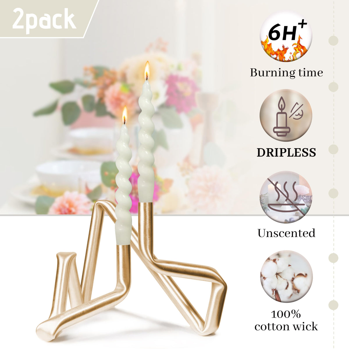 Spiral Taper Candle Milk White Unscented Twisted Candlesticks 7.5 Inch Smokeless Short Candle Stick for Wedding Dinner Decor Creative Gift 2PCS