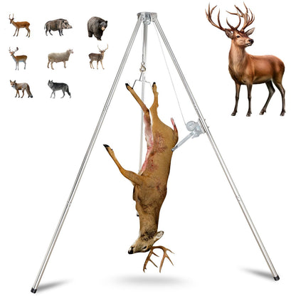Deer Game Hoist Tripod Hanger Rack with Gambrel and Manual Winch 500 lb Capacity for Hunting, Deer Hanger for Skinning, Heavy Duty Game Hoist for Elk, Bear, Hogs, Goat, Shark, Tuna - Stainless Steel