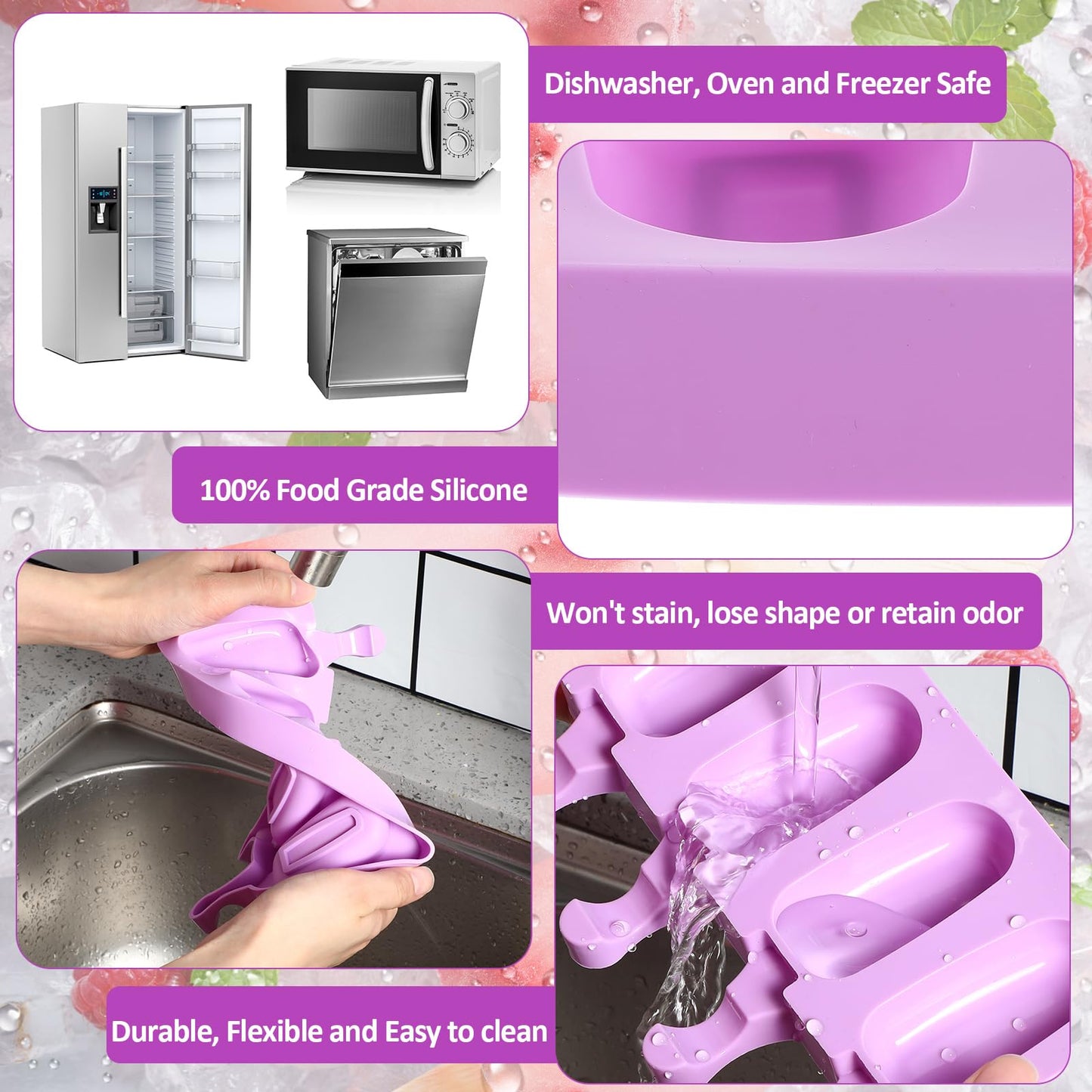 Outus 4 Pieces Ice Cream Mould Silicone Ice Lolly Mold 4-cavity Cake Pop Moulds Baking Molds with 200 Pieces Sticks for Treats (Purple)