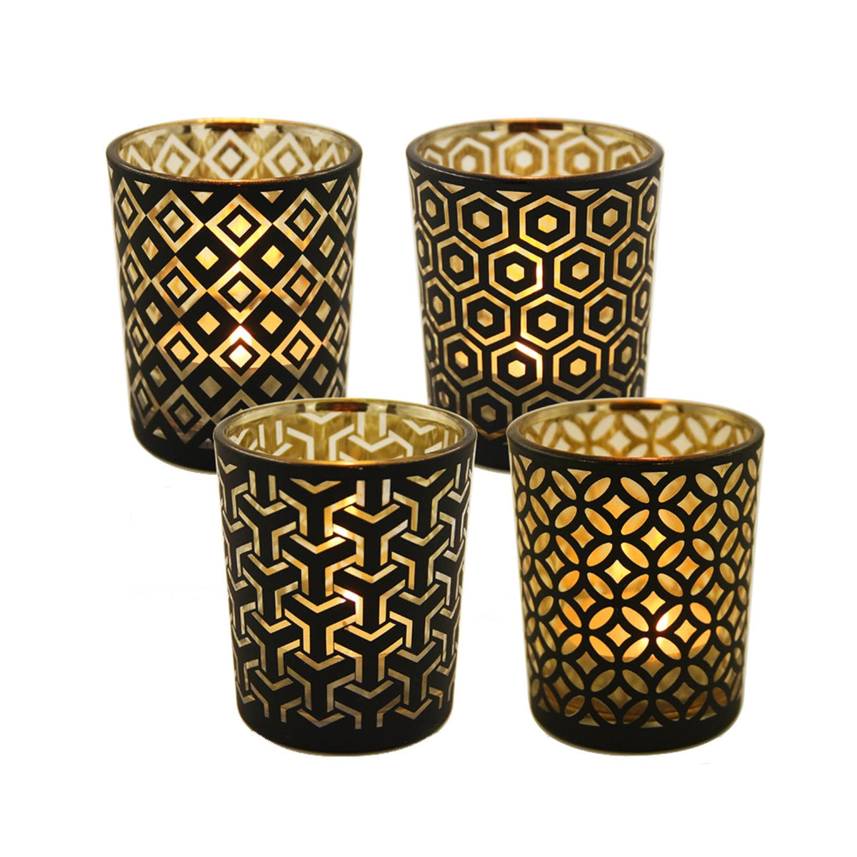 Candlestick Holders 4PCS Candle Holder Gold Cup Candlestick Column with Geometric Patterns Desktop Tealight Holder for Table Christmas Party Decoration Candle Holders